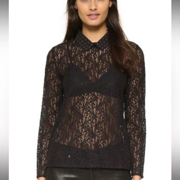 The Kooples Women's Studded Collar Lace Long Sleeve Top Black Size Small (1) EUC - Picture 1 of 4